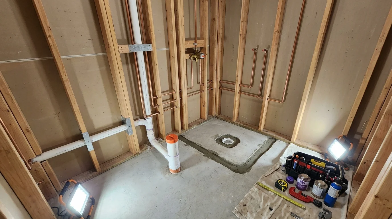 Bathroom rough-in plumbing during remodel by Johns Plumbing LLC in University Place