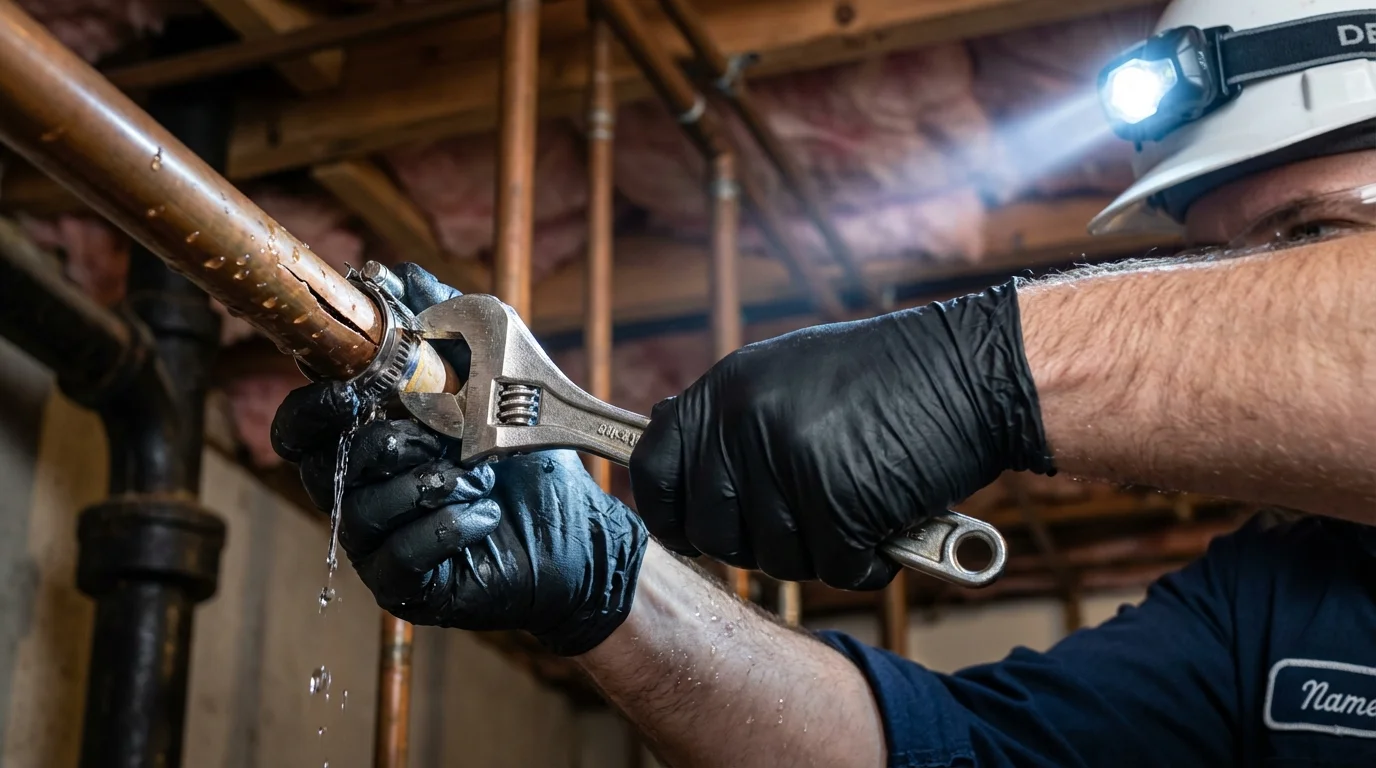 Emergency pipe clamp repair being performed by a Johns Plumbing LLC plumber in University Place