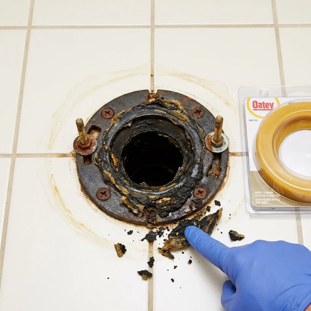 Failed wax ring showing water seepage at the base of a toilet in a University Place, WA home