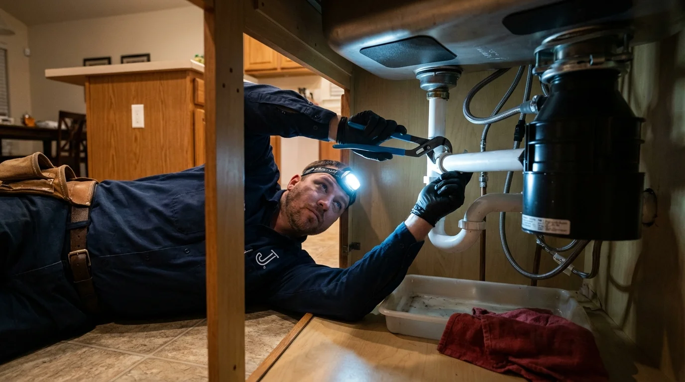 P-trap and supply line connections under a kitchen sink showing a common leak point in University Place, WA